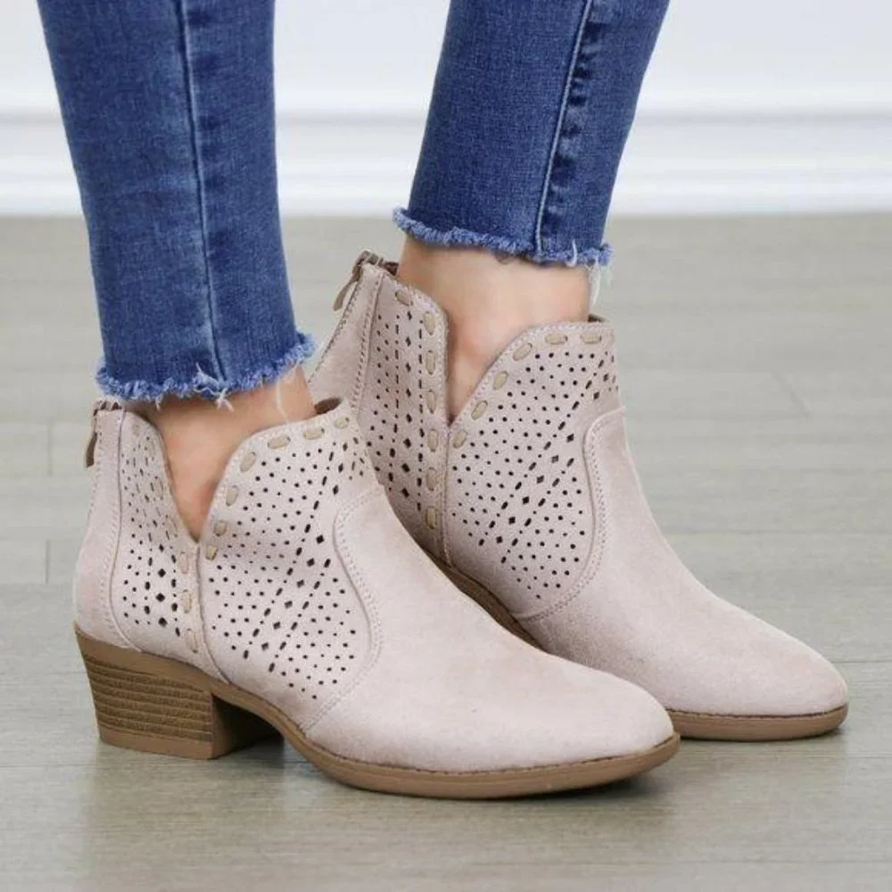 Dusty Rose Perforated Cut Suede Ankle Booties - Picture 2 of 7